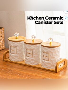 Set of 3 Ceramic Canisters for Sugar Coffee, Tea with Tray